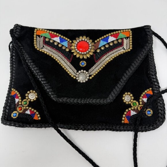Antik Batik Suede Black Crossbody Clutch Embellished Western Boho - Picture 1 of 6